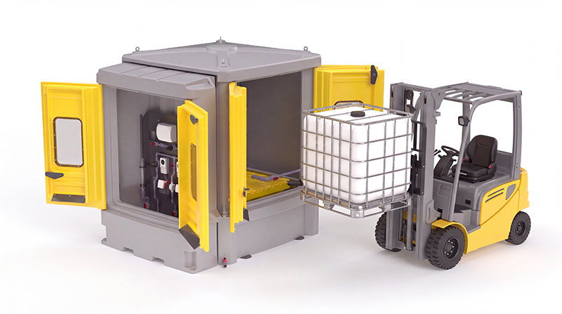 Polymaster Enclosed IBC Bund featuring a fork lift
