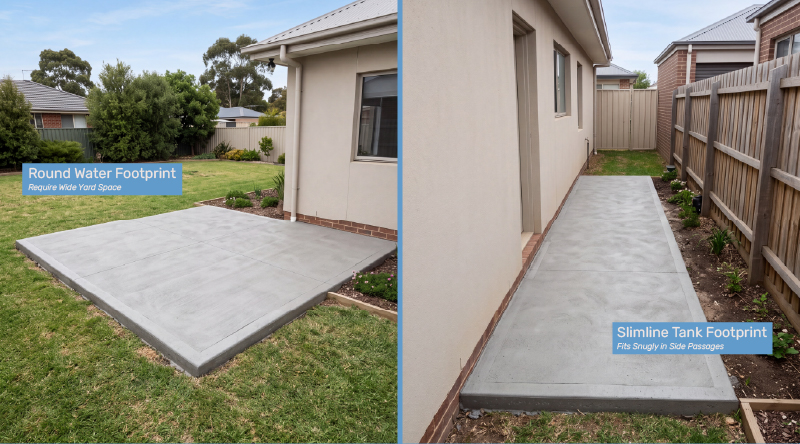 Side-by-side comparison of round versus slimline water tank footprints on concrete slabs, with callouts showing round tanks require wide open yard space while slimline tanks fit narrow side passages down to 540mm wide