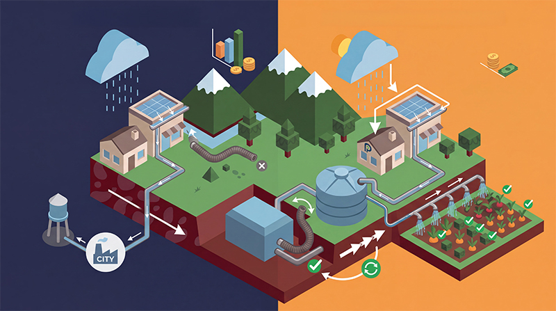 Isometric illustration of the difference between grid and water tank reliance in a farm field