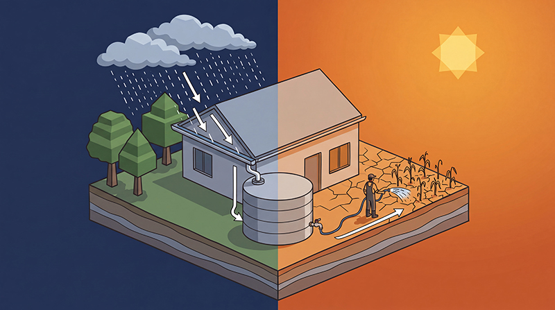 Isometric illustration showing the process of rainfall collection by a Polymaster water tank and stored for later use during dry season