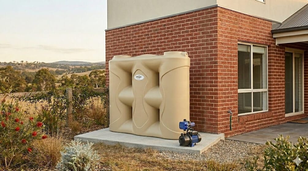 slimline water tank with pump installed beside a residential house