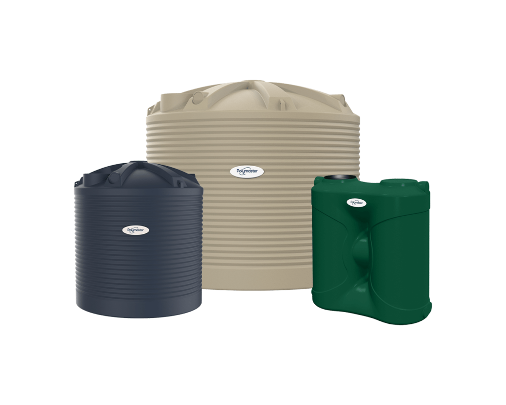 Three (3) Polymaster tanks - 13,500L beige water tank, 5,000L blue water tank, 2,000L green slimline tank
