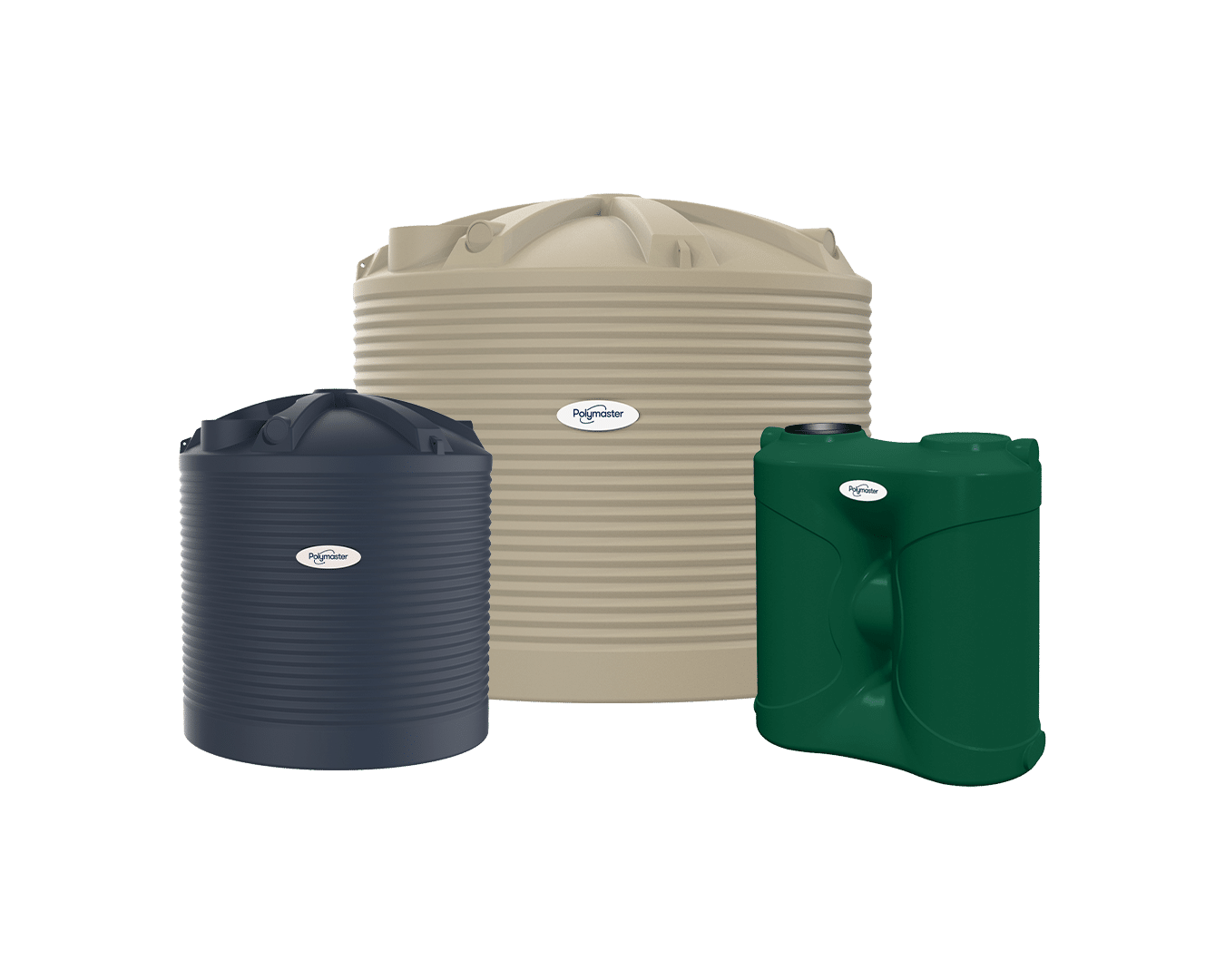 Three (3) Polymaster tanks - 13,500L beige water tank, 5,000L blue water tank, 2,000L green slimline tank