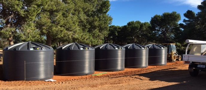 Five Polymaster water tanks line up in a farm