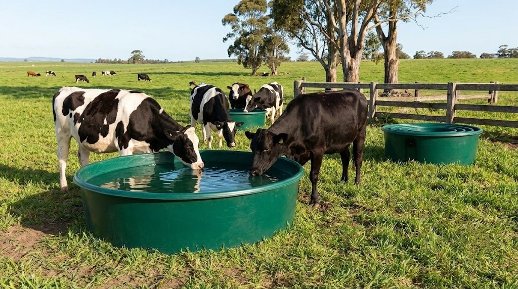 A bunch of cows drinking from Polymaster water trough in a wide farm