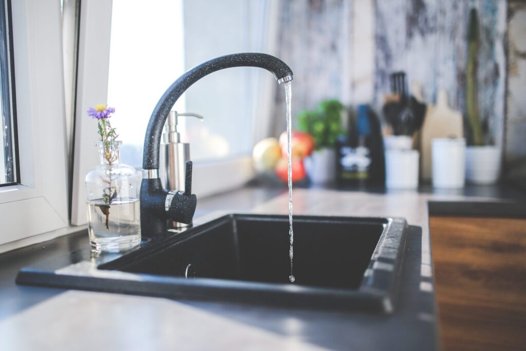 Flowing water from a kitchen tap