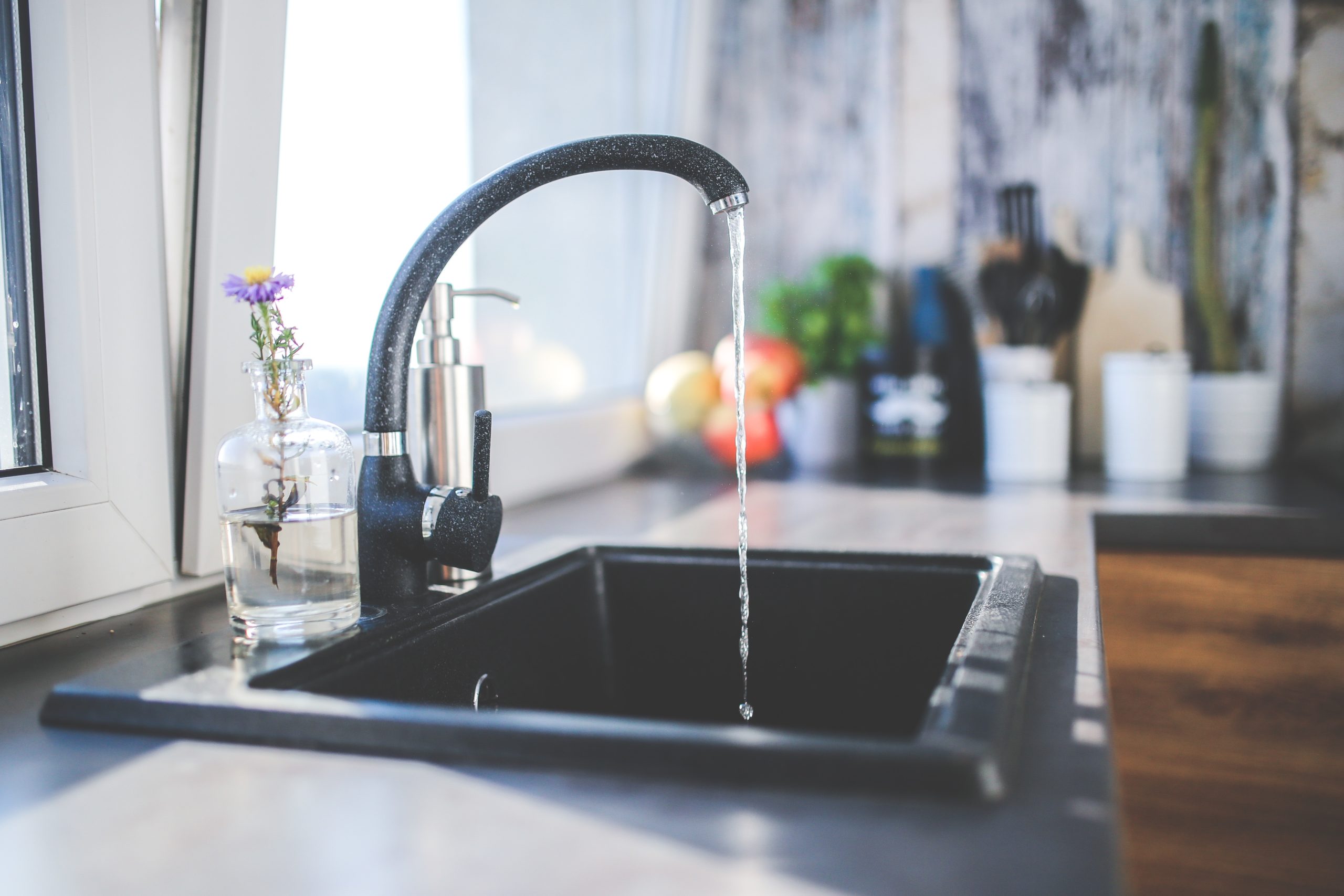 Flowing water from a kitchen tap